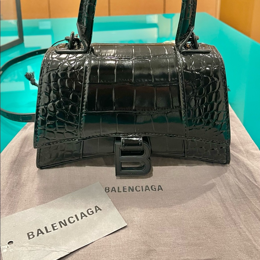 Balenciaga hourglass xs black croc on black hardware